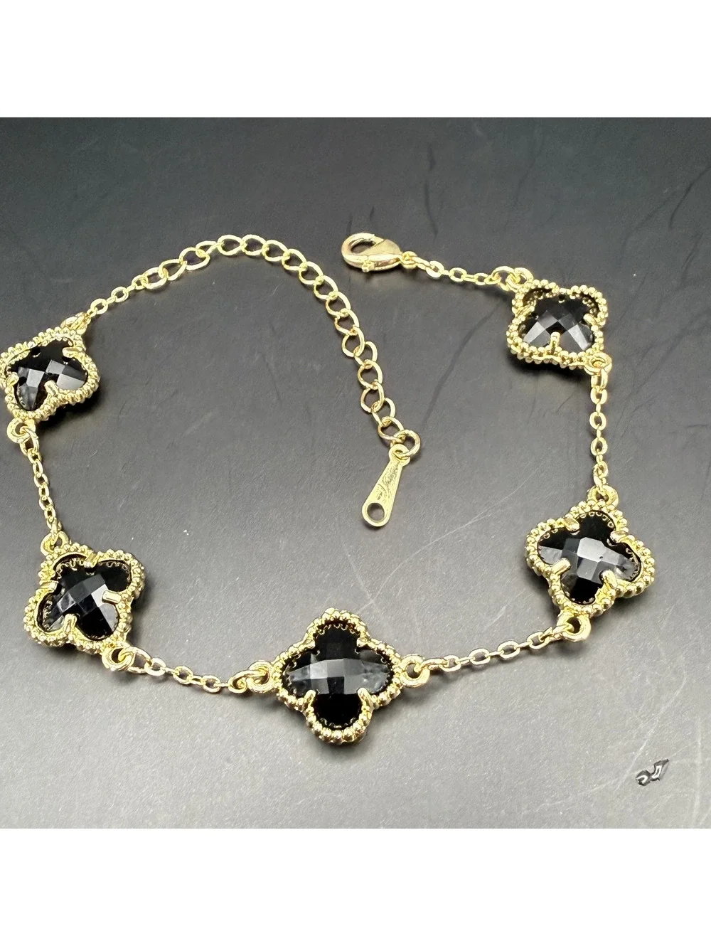 candy+clover black crystal clover gold tone station bracelet